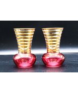 Vtg MCM Pair Bohemian Cranberry Glass Gold Striped Vases Bartlett Collin... - $29.99