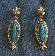 ART Native Style Faux Turquoise Silver-tone Drop Clip Earrings 1970s vintage 2&quot; - £14.04 GBP