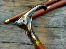   Antique Solid Brass Cat Head Handle Vintage Wooden Walking Stick Nautical Cane - £26.07 GBP