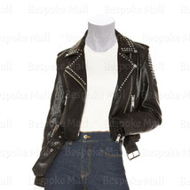 New Handmade Woman Black Silver Studded Zipper Cowhide Biker Leather Jacket-383 - £183.61 GBP