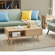 41.34&quot; Rattan Coffee Table, Sliding Door for Storage, Solid Wood Legs - ... - £106.36 GBP