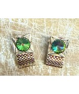 VINTAGE CUFFLINKS AURORA BOREALIS AB RIVOLI GREEN RHINESTONE GOLD TONE M... - $39.37 CAD
