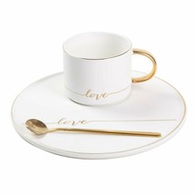 TJ Gobal Porcelain Coffee Mug, Tea Cup with Saucer and Golden Spoon with Gold... - $22.39