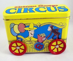 Curious George Tin Coin Piggy Bank Circus Wagon Rolling Wheels Candy Peanuts Tin - $9.79