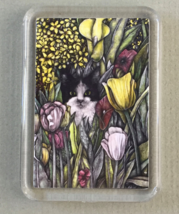Cat Art Acrylic Small Magnet - Black and White Cat with Pink and Yellow ... - £3.19 GBP