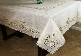 Beige Rectangle Gold Embroidered Floral Organza Fabric Tablecloth 72X90&quot;&quot; Napkin - £64.98 GBP