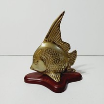 Vintage Brass Angel Fish Statue Wooden Base Korea 7.5&quot;×6.5&quot; - £11.86 GBP