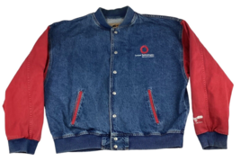 Vintage ID Wear Jean Jacket Men&#39;s XL Blue Denim Red Sleeves Varsity 90&#39;s... - $56.90