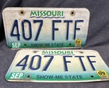 Pair 2 Green Blue and White Missouri License Plate 407-FTF Show Me State... - $14.85