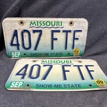 Pair 2 Green Blue and White Missouri License Plate 407-FTF Show Me State... - £11.68 GBP