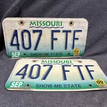 Pair 2 Green Blue and White Missouri License Plate 407-FTF Show Me State Sept 09 - £11.09 GBP