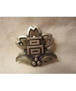 vintage Japanese ?? Art pin: Silver Leaves w/ Berries &amp; Pagoda - £15.73 GBP