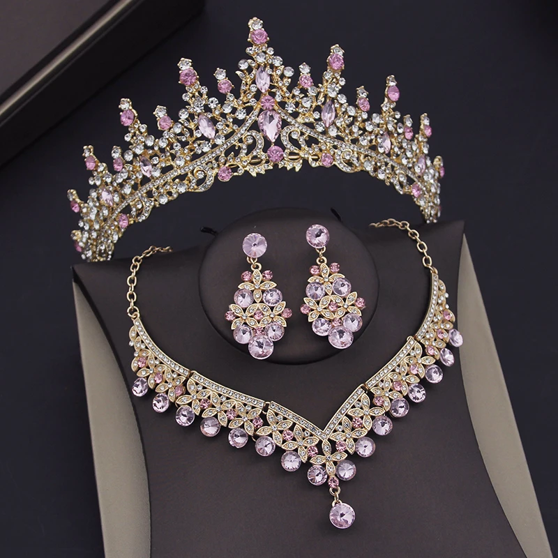 Luxury Crystal Crown Bridal Jewelry Sets for Women Tiaras Earrings Choker Neckla - £24.52 GBP