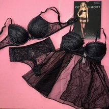 Victoria&#39;s Secret 32C BRA SET+high-waist thong+BABYDOLL BLACK lace embroidered - £134.21 GBP