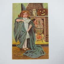 Vintage Halloween Postcard Girl Witch Jack-O-Lantern Pumpkin Owl Gold Embossed - £31.37 GBP