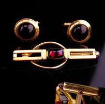 Krementz cufflinks / RED jeweled ends / vintage tie clip / formal wear / mens je - $175.00