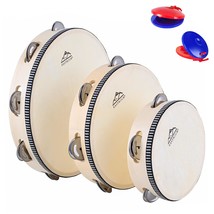 Tambourine For Adults Wooden Tambourine 3 Packs Metal Jingles Single Row... - £30.68 GBP