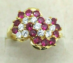1/2Ct Simulated Ruby &amp; CZ  Yellow Gold Plated Silver Cluster Engagement Ring - £51.85 GBP