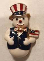 SNOWMAN Brooch Pin Patriotic Red White Blue Enamel Flag Gold Tone Setting - £15.17 GBP