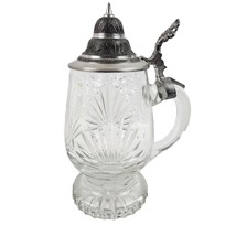 German Crystal Beer Stein Engraved Pewter Lid Handle Sunburst Pattern Vintage - £39.03 GBP