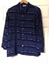 Chico&#39;s Design Blue sheer blouse striped size 1 = to Medium 8 button up - £11.79 GBP