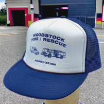 Vtg Woodstock Fire Rescue Association Meshback Hat Cap Snapback Rope Blue TI - £9.34 GBP
