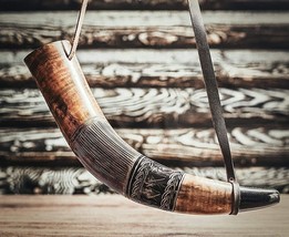Viking Genuine 18 Ox-Horn Horn Engraved Battle Premium Hand Trumpet War Gift Blo - £79.13 GBP
