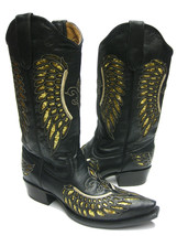 Womens Western Wear Boots Black Leather Gold Sequins Wings Size 8.5, 9.5, 10.5 - £76.76 GBP