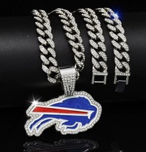 Silver Plated Buffalo Bills Large Charm Pendant 20&quot; Iced CZ Cuban Chain ... - £16.22 GBP