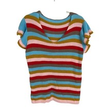 Womens Sweater Size L Large Blue Red Pink Striped Short Sleeve Knit V Neck  - £17.61 GBP