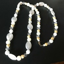 Estate Long Swirly Oval White Tan Clear &amp; White Faceted Plastic Bead Necklace –  - £11.18 GBP