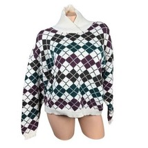 Vtg Alcott &amp; Andrews Shawl Collar Womens L Argyle Sweater Warm 80s White... - $49.49