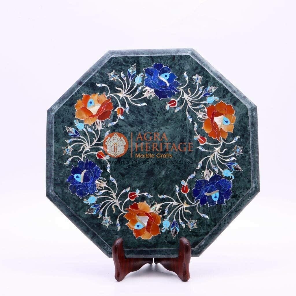 Primary image for 15"x15" Green Marble Top End Table Lapis Inlaid Pietradura Floral Art Home Decor