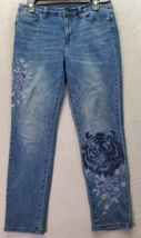 DG2 Jeans Women&#39;s Petite 6 Blue Denim Cotton Pockets Embroidered Floral Mid Rise - £19.69 GBP