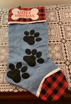 Merry Woofmas Dog Holiday Christmas Stocking  18 Inch Blue Denim Buffalo... - £10.27 GBP