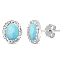 Sterling Silver Natural Larimar &amp; CZ Oval Stud Earrings - £26.28 GBP