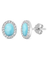 Sterling Silver Natural Larimar &amp; CZ Oval Stud Earrings - €30,02 EUR