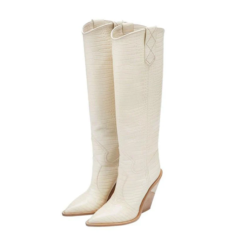 Fashion Runway Knee-High Boots Women Slip-On Leather  Wees Boots Pointed Toe Wes - £145.16 GBP