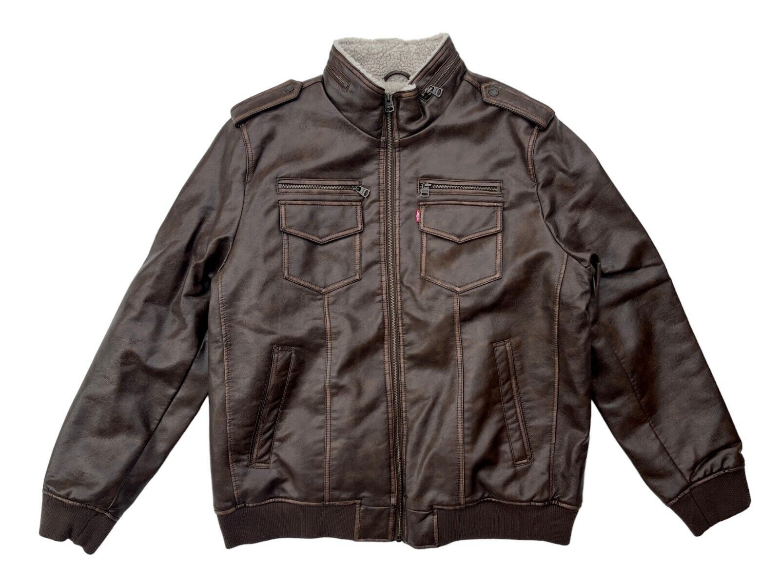 Levis Mens XL Saddle Brown Faux Leather Shearling Sherpa Aviator Bomber ... - $56.94