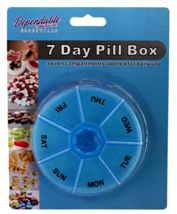 7 Day Round Blue Pill Box - Compact 3 3/8&quot; x 0.75&quot; w/ Daily Labeled Compartment - £5.44 GBP