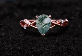 Vintage Pear Cut Moss Agate Ring, Natural Moss Agate Ring, 925 Sterling Silver - £67.33 GBP