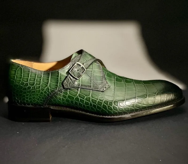 New Handmade Pure Alligator Print Leather Monk Strap Shoes For Men&#39;s - $159.99