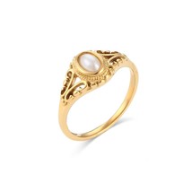 New Thin 18K Gold Plated Hollow Texture Natural Freshwater Pearl Rings For Women - £11.21 GBP