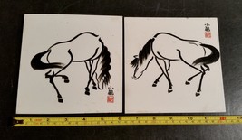 Set of 2 Vintage Felt Back Japanese White Horse 6 inch Ceramic Tiles Signed - £23.71 GBP