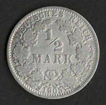 GERMANY 1905  Fine Silver Coin 1/2 Mark KM # 17                  dc8 - £9.37 GBP