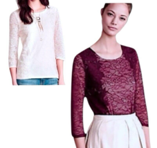 $148 Anthropologie Vintage Top Small 2 4 Wine Lace Overlay 3/4 Sleeve Mixed Lace - $49.65