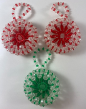 Vintage Lot 3 Beaded Red Green Clear Circle Star 2.5 in Christmas Ornaments - £23.93 GBP