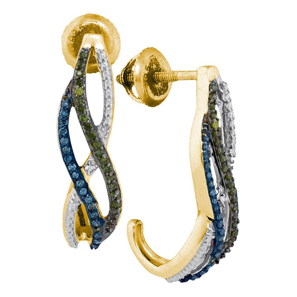 Primary image for 10k Yellow Gold Womens Green Blue Color Enhanced Diamond Half J Hoop Earrings