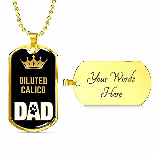 Cat Dad Gift Diluted Calico Cat Dad Necklace Engraved 18k Gold Dog Tag 24" Chain