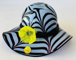 Block Crystal Glass Hat Decorative Vase Blue &amp; Black Swirls Yellow Flower in Box - £27.06 GBP